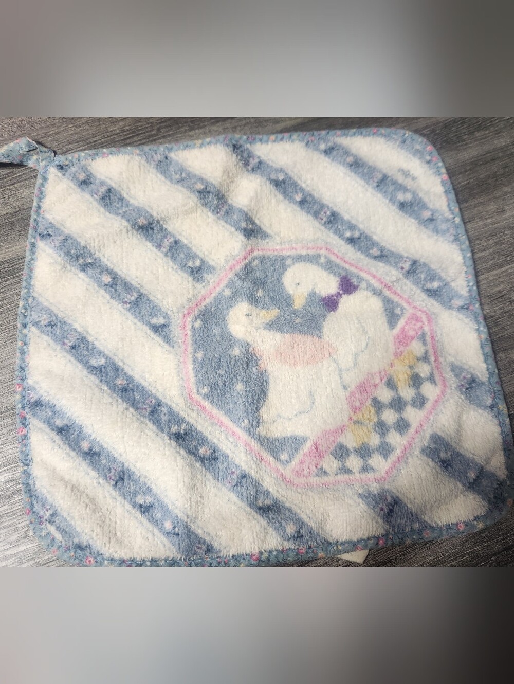Duck Goose Striped Washcloth 11x11 White/Blue/Pink Towel Hanging Loop Vtg